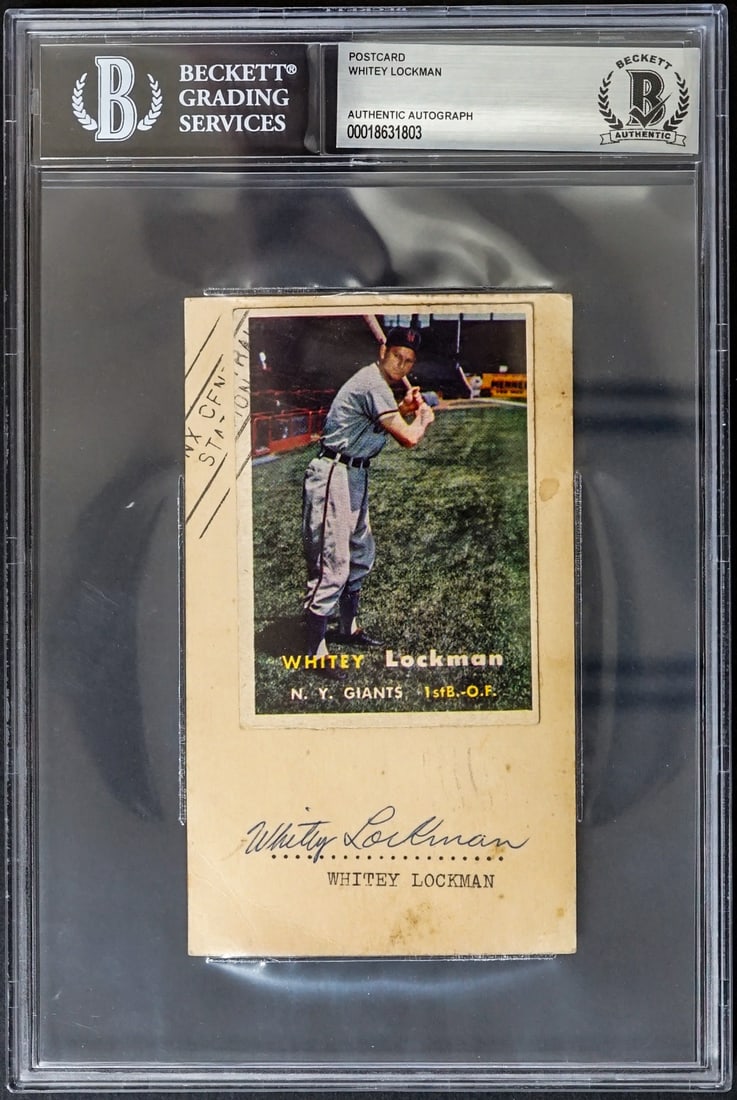 Whitey Lockman SIGNED GPC BAS COA: Government Postcard with authentic 1957 Topps trading card glued above autograph. BAS Beckett Authentication Certification - Authentic Autograph Encapsulate Serial Number : 18631803. Measures 9 x 6 x