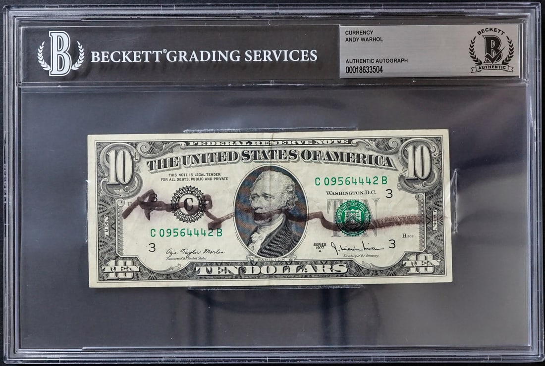 Andy Warhol SIGNED Currency BAS COA: American artist and filmmaker Andy Warhol signed currency. BAS Beckett Authentication Certification - Authentic Autograph Encapsulate Serial Number : 18633504. Measures 9 x 6 x .25 for shipping purpos