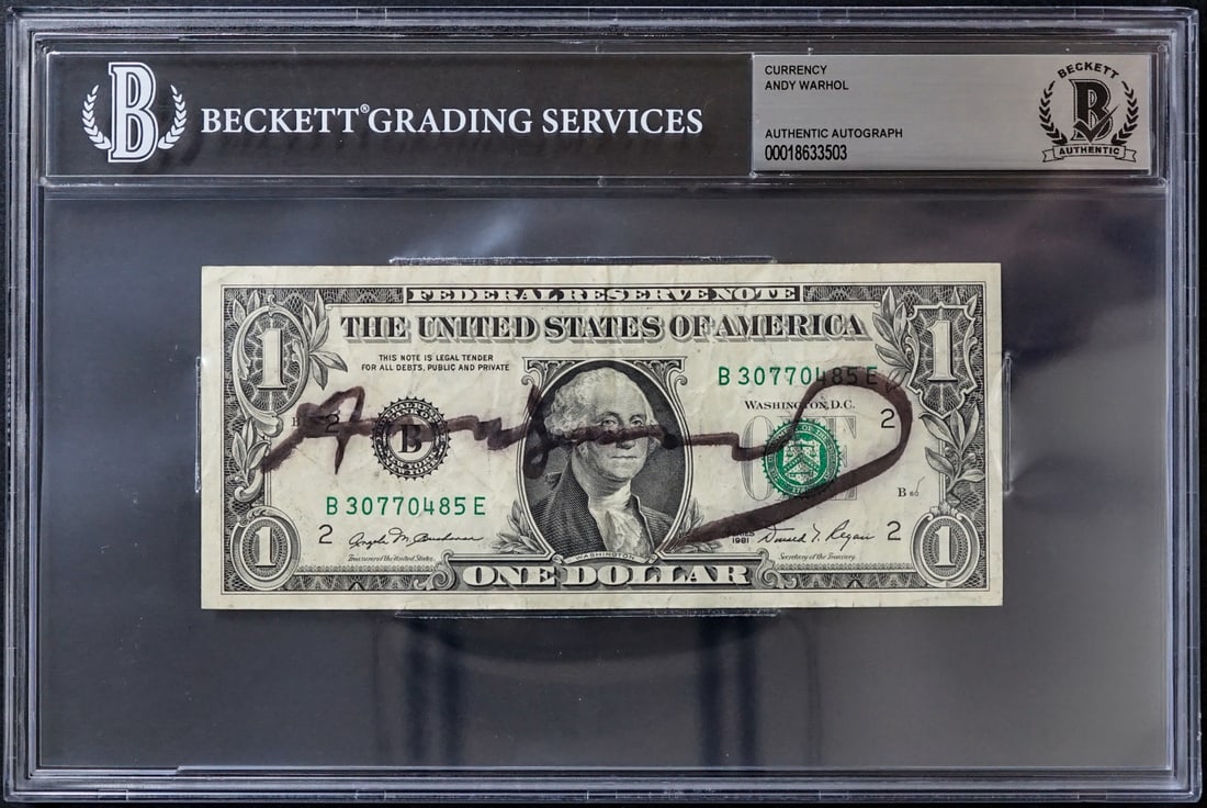 Andy Warhol SIGNED Currency BAS COA: American actor and filmmaker Andy Warhol signed currency. BAS Beckett Authentication Certification - Authentic Autograph Encapsulate Serial Number : 18633503. Measures 9 x 6 x .25 for shipping purpose