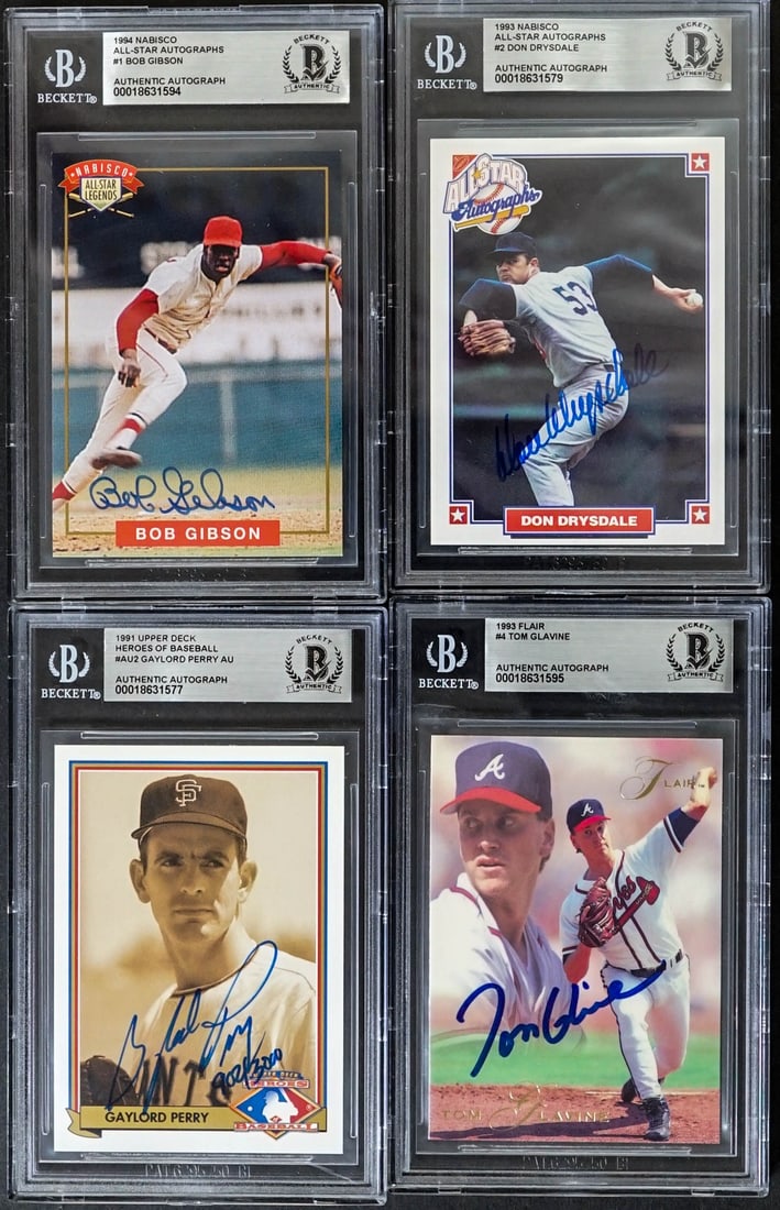(4) MLB Player SIGNED Trading Cards BAS COA: Includes: Tom Gavine 1993 Flair #18631595; Bob Gibson 1994 Nabisco #18631594; Gaylord Perry 1991 Upper Deck #18631577; Don Drysdale 1993 Nabisco #18631579. BAS Beckett Authentication Certification - A