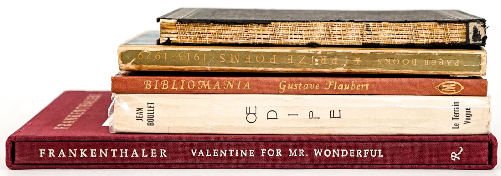 Assorted Topic (5) Books [Poetry; Art]: Hardcovers and softcovers. Mixed condition. 1) Valentine for Mr. Wonderful by Helen Frankenthaler. Color illustrations. 2) Bibliomania by Gustave Flaubert. 1914. ...and others. Book measures 10 x 7 x