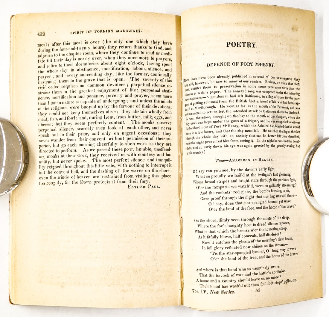 [Francis Scott Key]. [The Star-Spangled Banner]: [Francis Scott Key]. [The Star-Spangled Banner]. The Analectic Magazine, Volume IV, Containing an Early Appearance of the "Defense of For McHenry." Philadelphia: 1814. A very early printing,