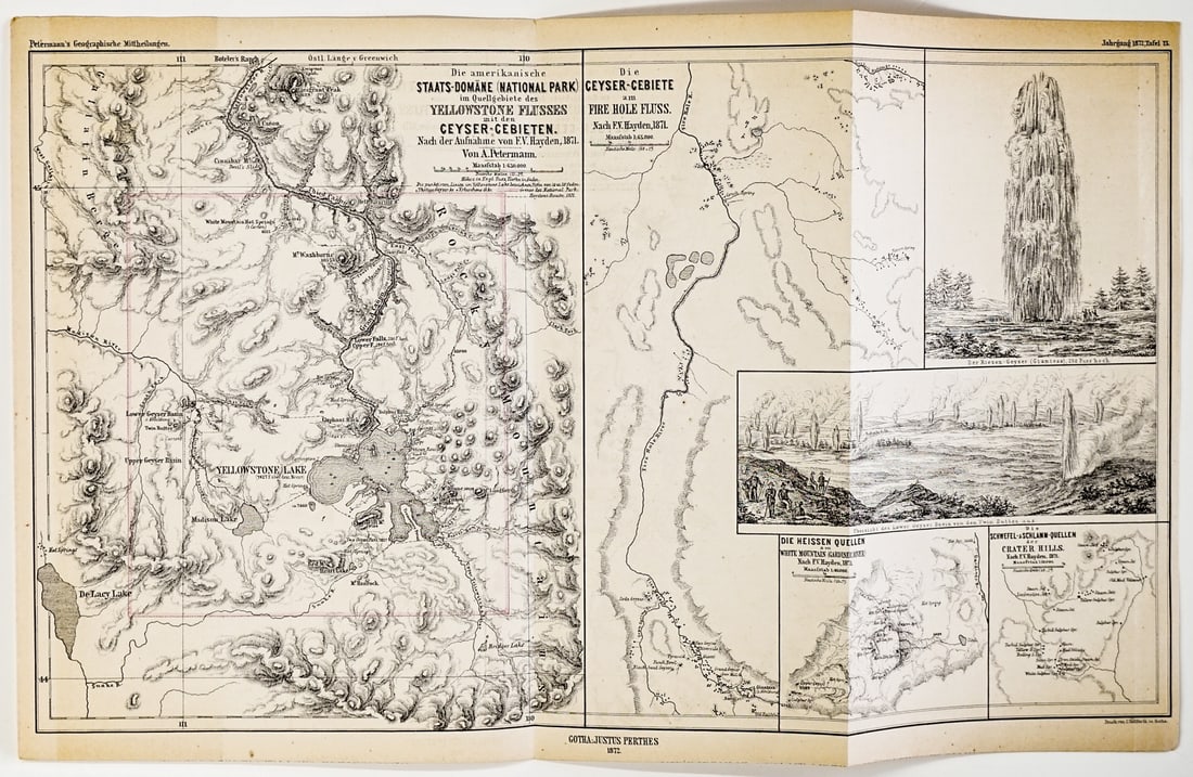 Yellowstone National Park,Wyoming Period: 1872: Yellowstone National Park, Wyoming Period: 1872 (dated)Publication: Geographische Mittheilungen. VG-EX/EX condition. Measures 10.6875 x 17 inches. Unframed, loose and not glued or mounted. This map