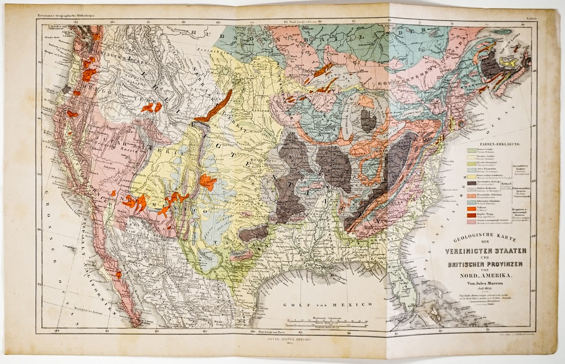 1855 Geological Map of North America: Measures 10.4375 x 17.125 inches. For shipping purposes measures 10.75 x 8 inches x .125 inches. Unframed, loose and not glued or mounted. G-VG/VG condition. The absence of a condition report does