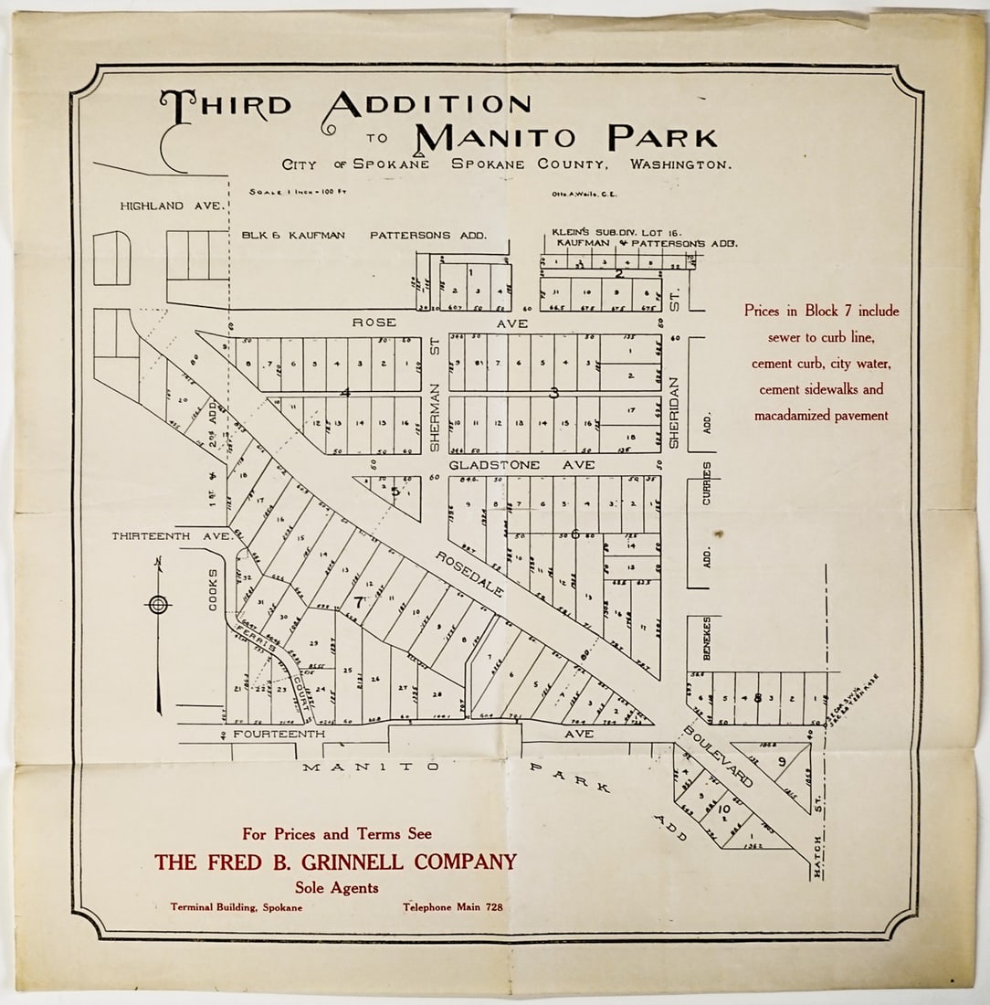 [Spokane, Washington] Third Addition Manito Park: Measures 15.75 x 15.5 inches. VG-EX condition. The absence of a condition report does not imply that the lot is in perfect condition or completely free from wear and tear, imperfections, or the condit