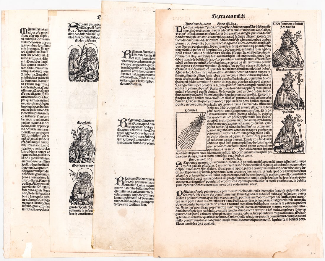 (4) Nuremberg Chronicle Incunable 1493 Leaves.: (4) Nuremberg Chronicle Incunable 1493 Leaves. They measure approximately 16.5 x 11.25 inches (42 cm x 29 cm). VG-EX/EX condition. Purchased from Walter Schatzki Old and Rare Books, Prints and Autogra