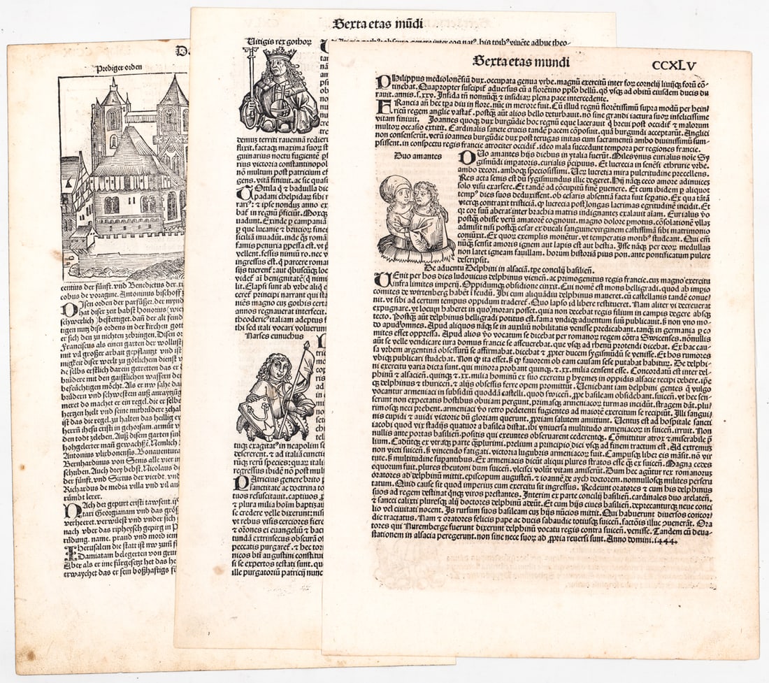 (3) Nuremberg Chronicle Incunable 1493 Leaves.: (3) Nuremberg Chronicle Incunable 1493 Leaves. They measure approximately 16.5 x 11.25 inches (42 cm x 29 cm). VG-EX/EX condition. Purchased from Walter Schatzki Old and Rare Books, Prints and Autogra