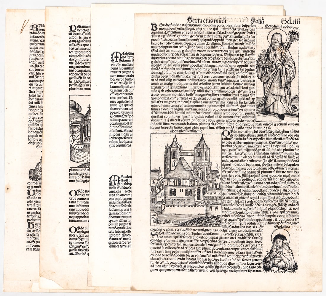 (5) Nuremberg Chronicle Incunable 1493 Leaves.: (5) Nuremberg Chronicle Incunable 1493 Leaves. They measure approximately 16.5 x 11.25 inches (42 cm x 29 cm). VG-EX/EX condition. Purchased from Walter Schatzki Old and Rare Books, Prints and Autogra
