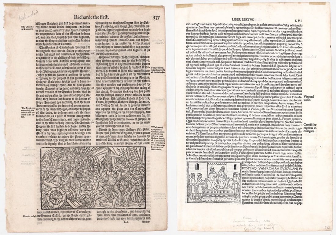 (2) 16th Century Leaves: Raphael Holinshed, Lucantonio Giunta, Circa 1506 and 1577. They measure approximately 11 x 8 inches and 12.125 x 8.25 inches. For shipping purposes measures 15 x 11 x .125 inches. The absence of a con