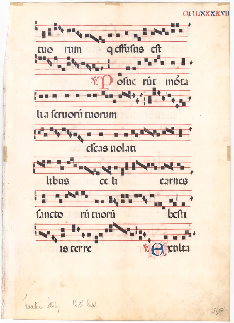 Antiphonary Decorated Manuscript on Vellum: [Italy] 16th century Antiphonary Decorated Manuscript on Vellum. Measures 22.5 x 16 inches. G-VG/VG. For shipping purposes measures 16 x 24 x .125 inches. The absence of a condition report does not im