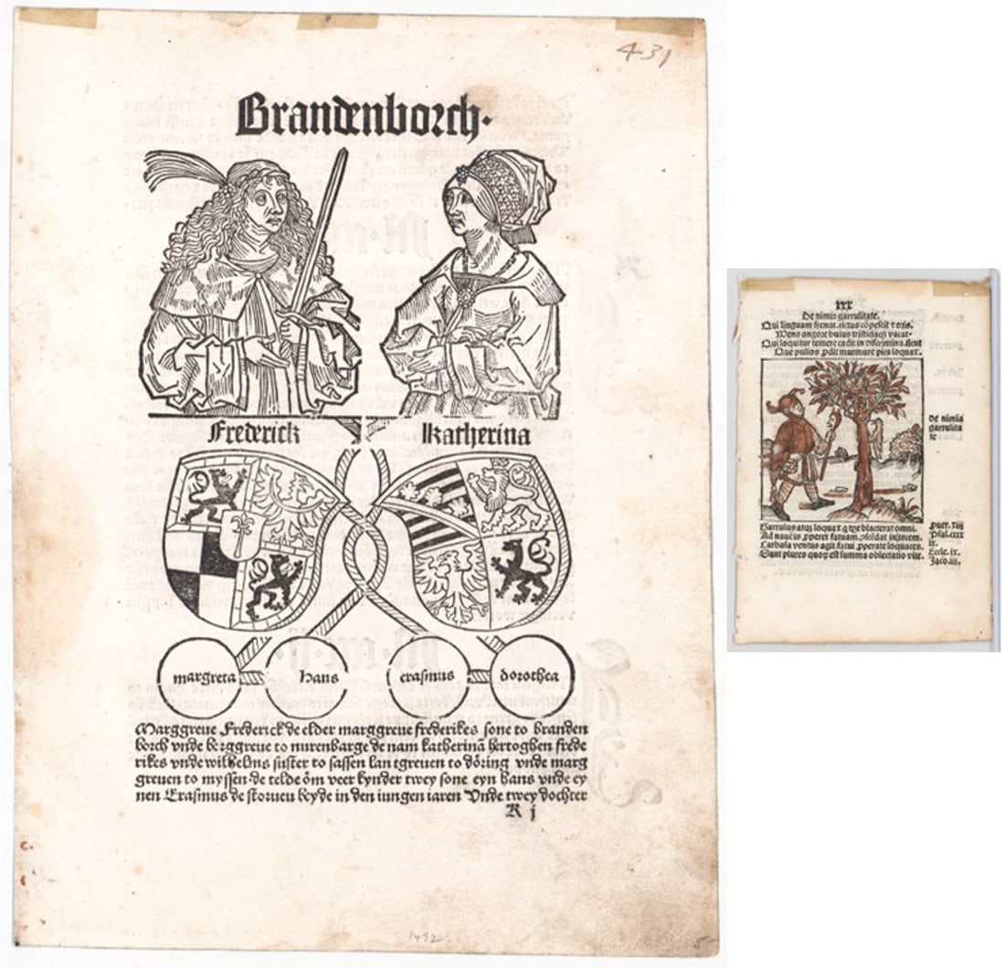 (2) 15th Century Leaves with Woodcuts: Peter Schoeffer, Sebastian Brant. They are dated 1492 and 1497. They measure 10.375 x 7.75 inches (264 mm x 197 mm) and 5.75 x 4 inches (145 mm x 102 mm). For shipping purposes measures 11 x 8 x .125