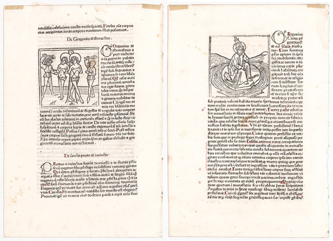 1474 Leaves (2) Augsburg-Gunther Zainer: 1474 leaf Augsburg, Gunther Zainer. Jacobus de Varagine. Legenda Aurea Sanctorum. They measure 10.875 x 7.5 inches (278 mm x 190 mm). Vg-EX condition. For shipping purposes measures 11 x 8 x .125 inch