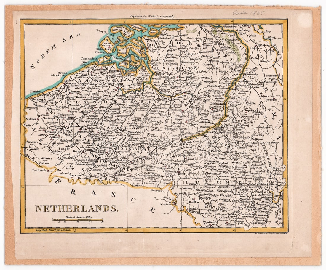 1805 Netherlands Map (London): Measures 8 x 9.625 inches image size. Unframed, mounted. For shipping purposes measures 12 x 9 x .125 inches. The absence of a condition report does not imply that the lot is in perfect condition or c