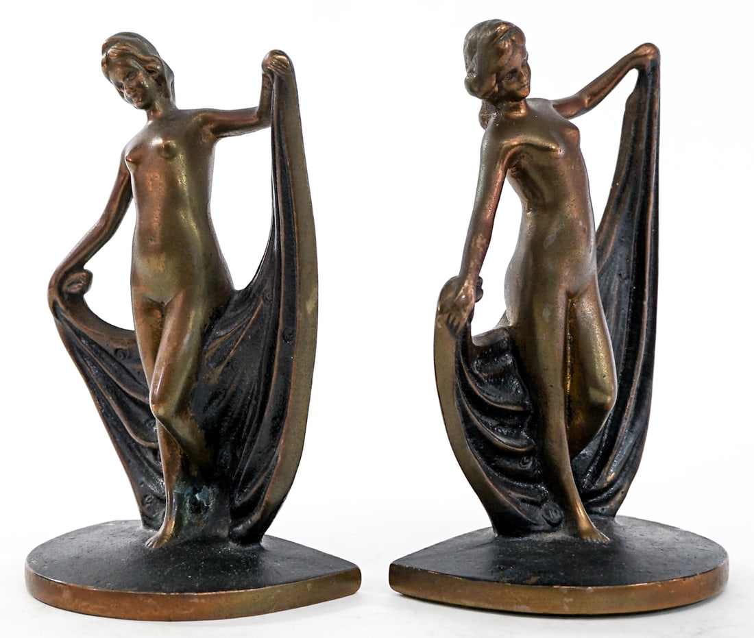 Vintage Art Deco Pair Bookends - Nude Scarf Dancer: Pair of Art Deco bookends. EACH measures 6.875 x 4.5 x 2.875 in. Lot measures 14 x 9 x 6 inches for shipping purposes. The absence of a condition report does not imply that the lot is in perfect condi