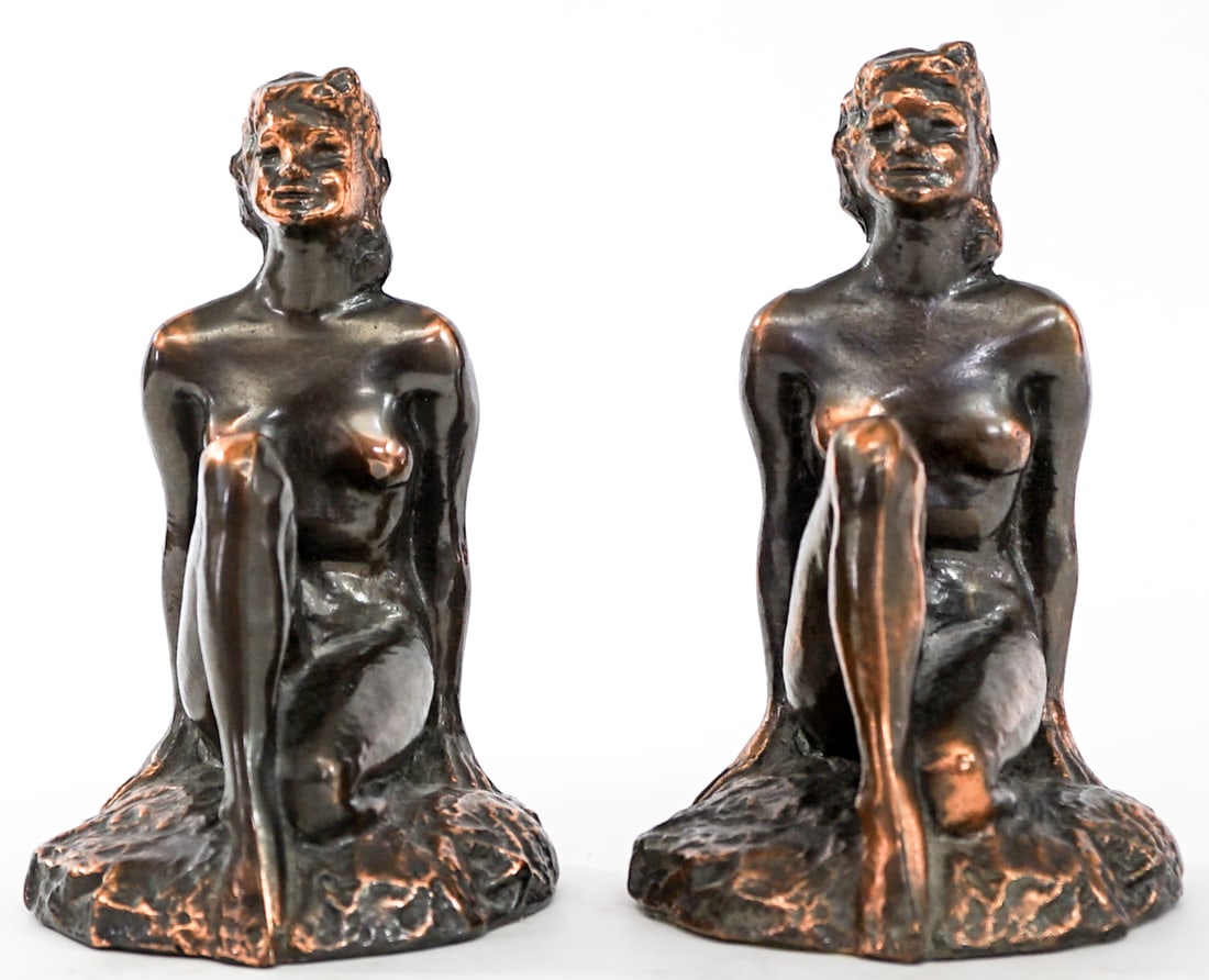 Vintage Dodge Pair Art Deco Bookends [Nude]: Pair of Art Deco bookends. EACH measures 5.5 x 4 x 3.125 in. Measures 5.5 x 4 x 6.5 inches for shipping purposes. The absence of a condition report does not imply that the lot is in perfect condition