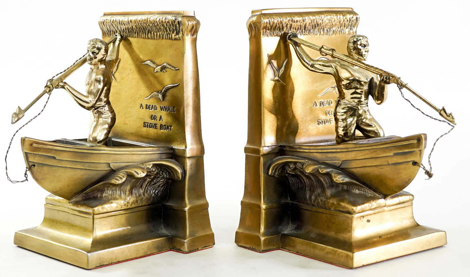Pair New Bedford Commemorative Whaling Bookends: Pair of bookends. EACH measures 6.75 in. x 5 in. x 5.5 in. Measures 8.75 x 5 x 11 inches for shipping purposes. The absence of a condition report does not imply that the lot is in perfect condition or