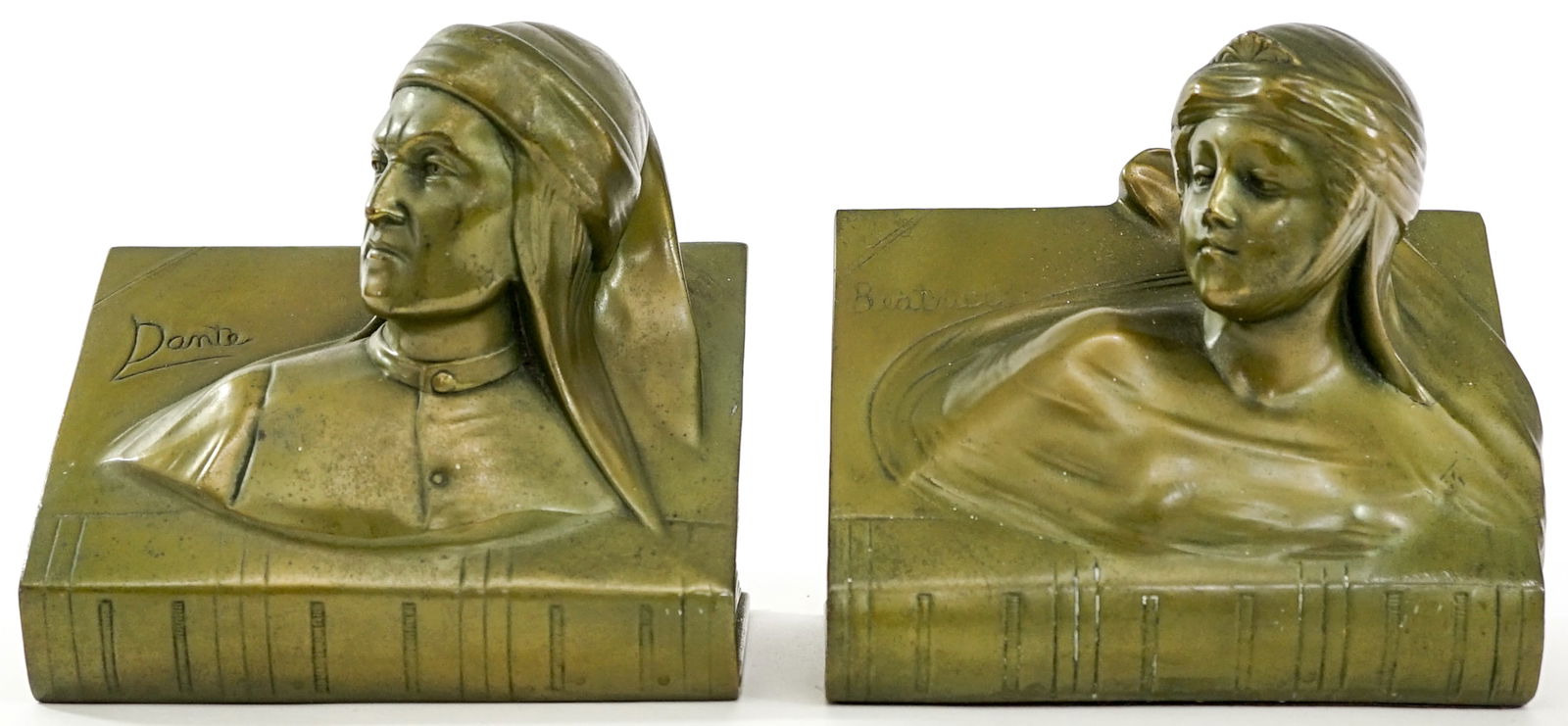 JB Dante and Beatrice Pair Bookends: Jennings Brothers Pair Bookends [Dante and Beatrice] bronze-tone finish. Note surface scratch to Dante's top of head. EACH measures approximately 5.75 x 5.75 x 4 in. Measures 5.75 x 5.75 x 12 inches f