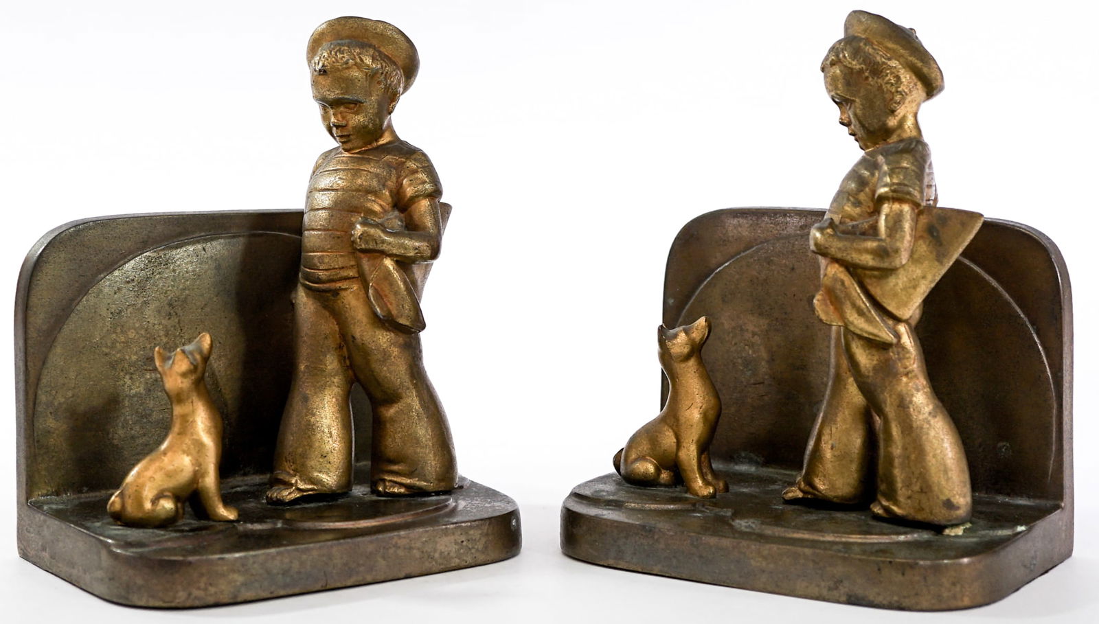 Frankart Art Deco Metal Pair Bookends [Boy, Dog]: Pair of Frankart vintage bookends. Sailor boy with dog. EACH measures 6.75 x 5.5 x 3.625 in. Measures 6.75 x 5.5 x 7.5 inches for shipping purposes. The absence of a condition report does not imply th