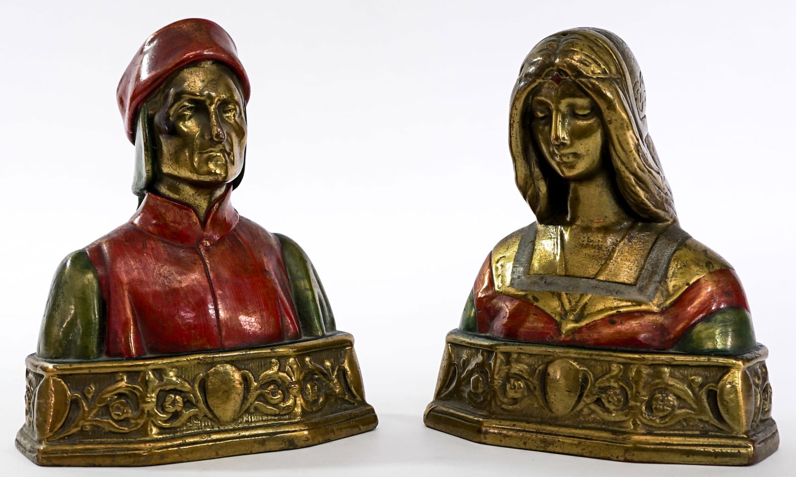 Dante & Beatrice Pair Metal Bookends Painted: Pair Dante and Beatrice metal bronze-clad bookends. EACH measures 7.5 x 6.5 x 3 in. Measures 7.5 x 6.5 x 6.5 inches for shipping purposes. The absence of a condition report does not imply that the lot