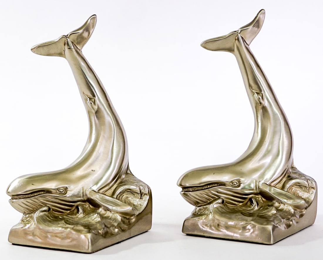 PM Craftsman Whale Pair Bookends Brushed Metal: Pair of PM Craftsman whale bookends. EACH measures 7.5 x 4 x 3.75 in. Measures 7.5 x 4 x 7.5 inches for shipping purposes. The absence of a condition report does not imply that the lot is in perfect c