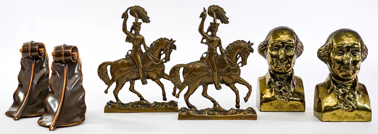 Vintage (3 Pair) Cast Metal Bookends: 1) George Washington Bust measures 6.25 x 3.5 x 2.5 in. each. 2) Leaf measures 5 x 5 x 4 in. each. 3) Military and rider measures 8 x 6.25 x 1.625 in. each. Group Measures 10 x 10 x 8 inches for shipp