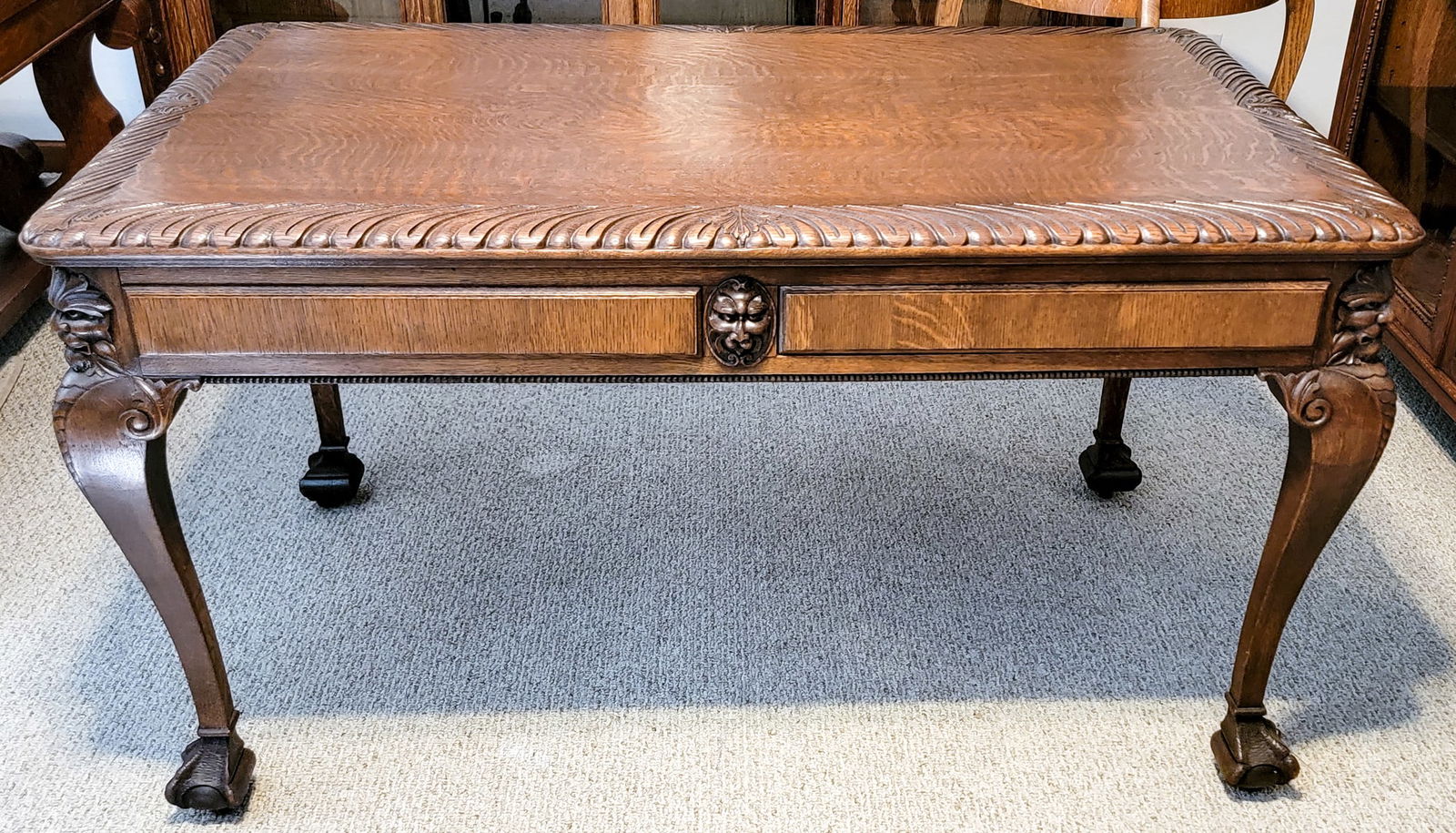 Two Drawer Carved Oak Partners Desk (1 of 15)