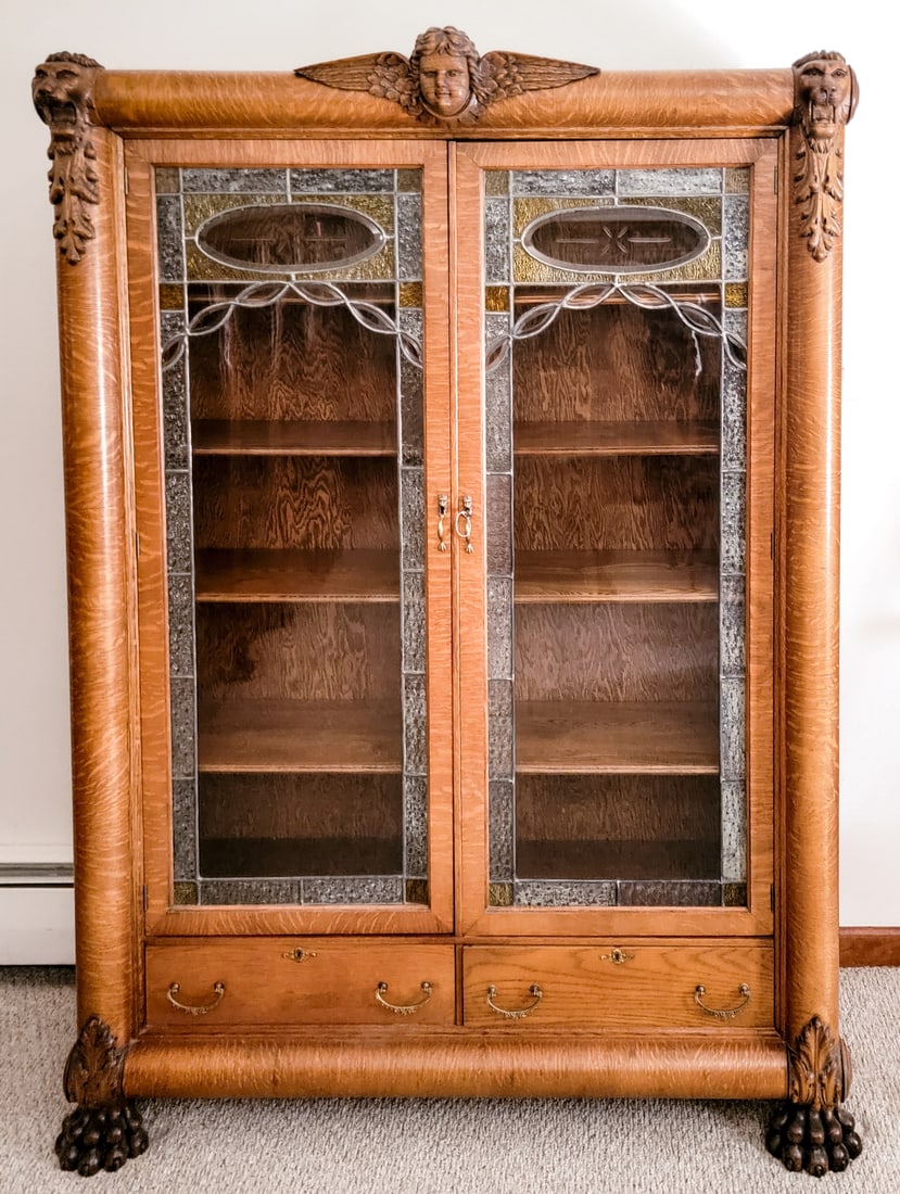 Leaded Glass Double Door Bookcase w/Two Drawers (1 of 17)