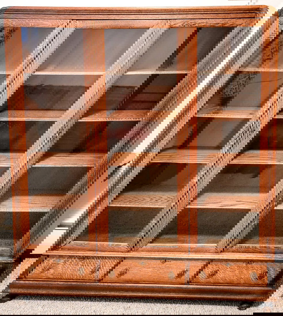 Antique Oak Triple Door Bookcase with Drawers (1 of 15)