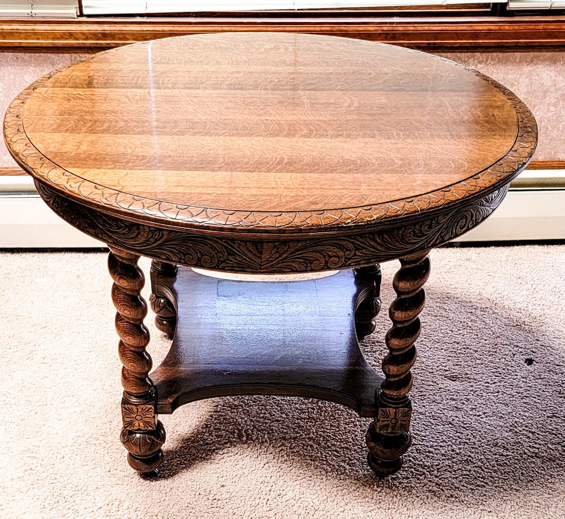 Large Antique Oak Round Carved Lamp Table (1 of 16)