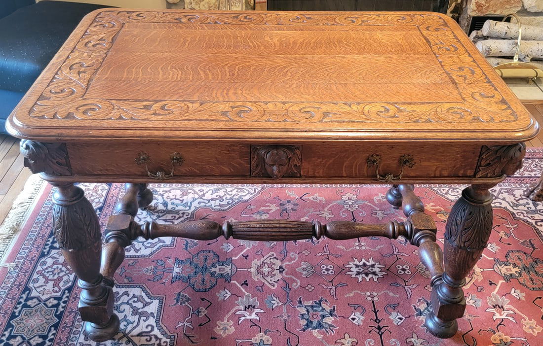 Antique Carved Fancy Oak Library Table (1 of 16)