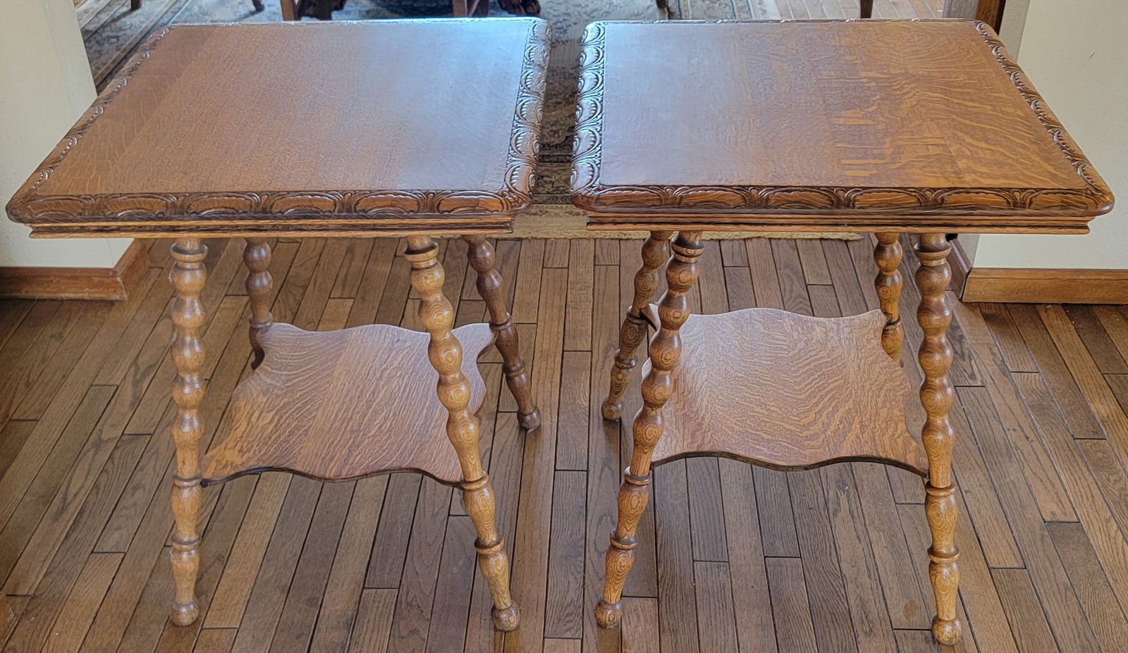 A Pair of Antique Oak Lamp Stands: A pair of Antique Oak Lamp stands. Refinished in golden Oak. Measurements 29 x 24 x 24 inches. Excellent condition. This item is located at a private residence in Fort Collins, Colorado. Buyer must