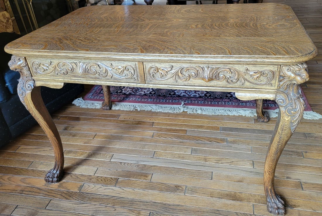 Antique Oak Library Table (Desk) Lion's Heads (1 of 19)