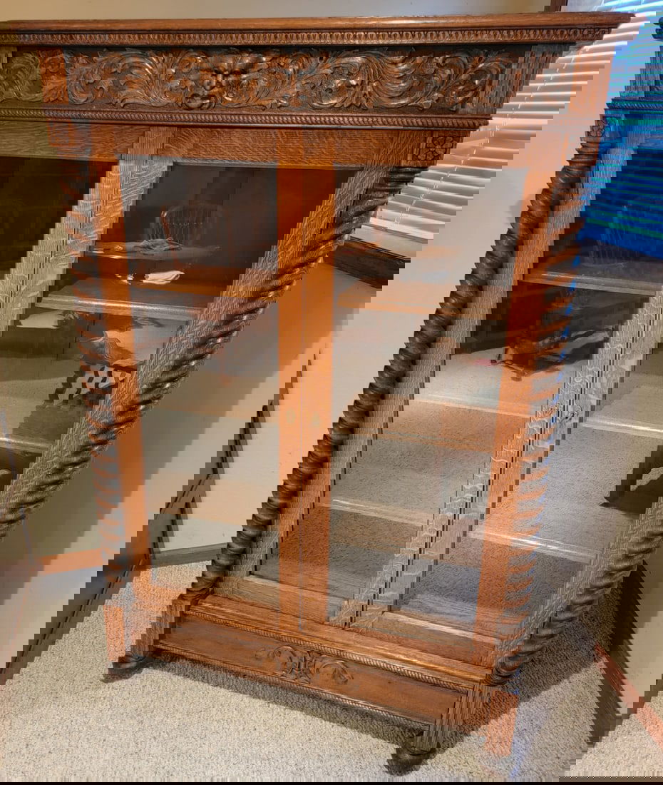 Antique Oak Carved Two Door Bookcase (1 of 11)