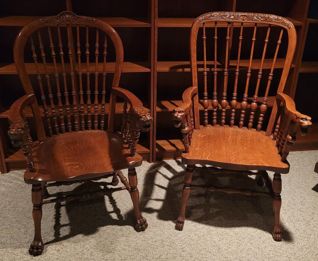 Two Spindle Back Carved Oak Armchairs (1 of 17)