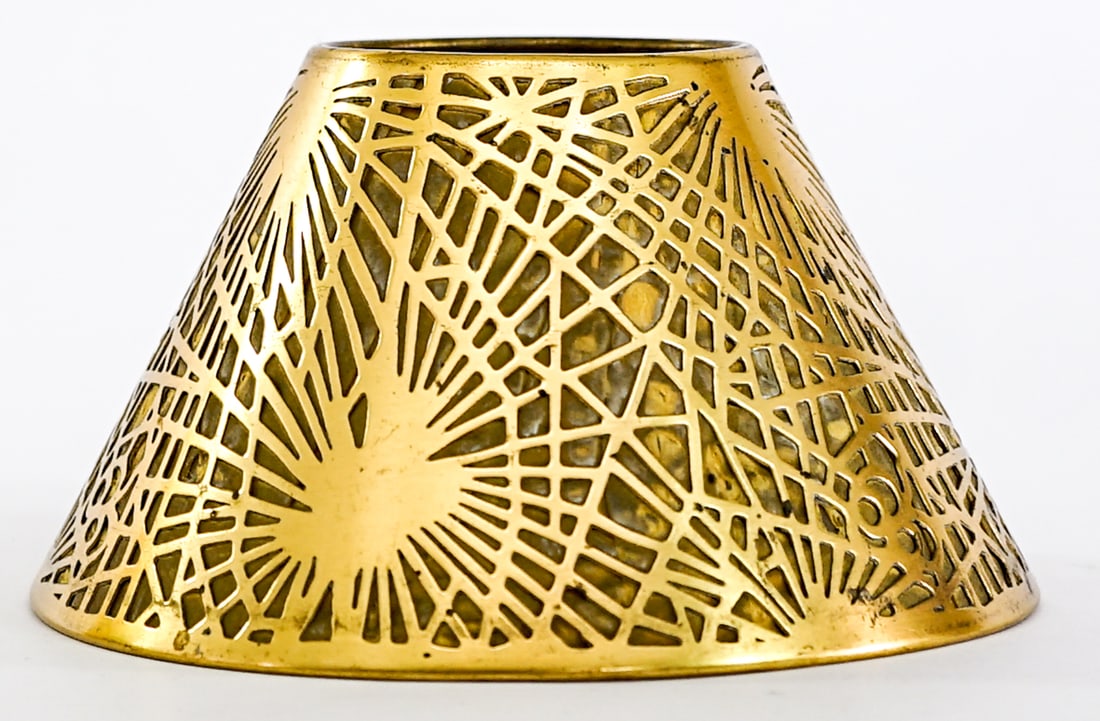 Tiffany SIGNED Metal Lamp Shade: Tiffany shade measures 3 in. high x 5.25 in. across base x 2.125 across inside rim. Light scratches. No evident damage. Measures 3 x 5.25 x 5.25 in. for shipping purposes only. The absence of a condit