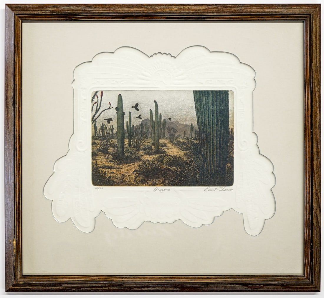 Brent Thomson Signed & Numbered Etching: Brent Thomson Signed & Numbered Colored, Embossed Etching. [Signed and Numbered 15/94, titled Arizona] Measures approximately 10 x 13 inches image size. Professionally framed, measures 16 x 17.5 x .75