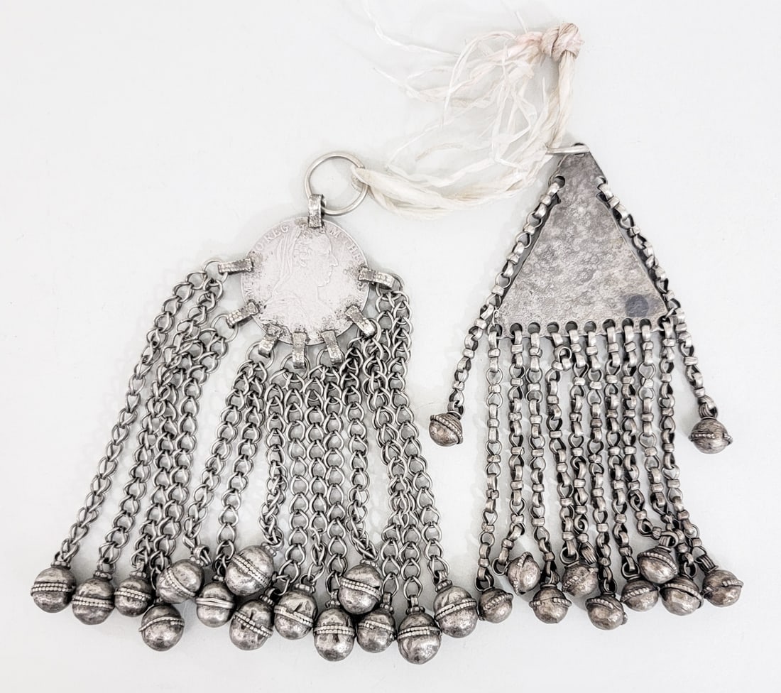 Yemeni Bedouin Silver Jewelry w/1780 Thaler: Yemeni Bedouin Silver Jewelry with what we presume is a restrike 1780 Thaler coin. The silver beads are unmarked. The silver content or silver percentage (if any) is unknown, may be silver alloy. Meas