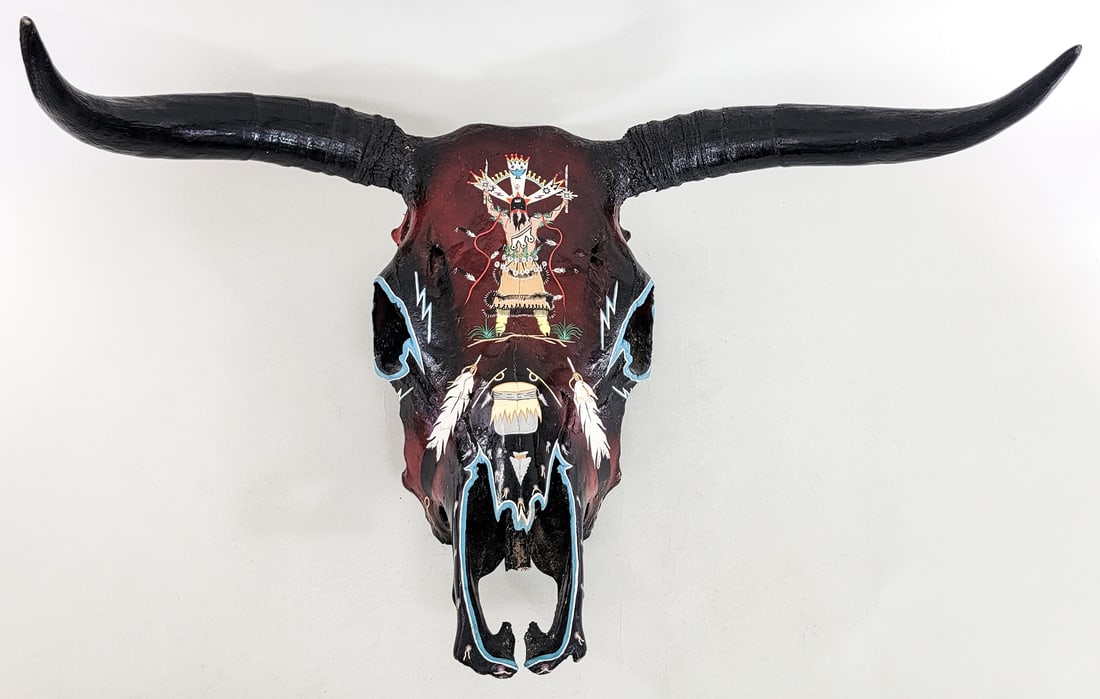 Painted Steer Skull Native American, Signed MQ (1 of 4)