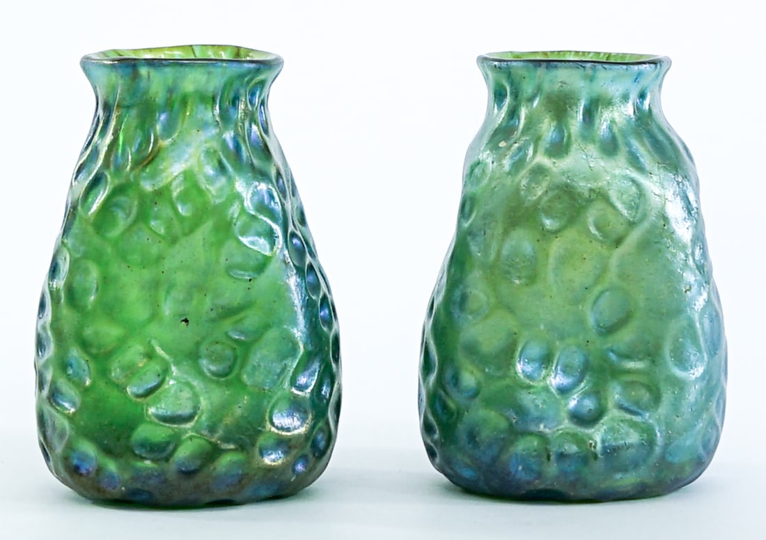Antique Art Glass (2) 3.5IN Vases Green (1 of 6)