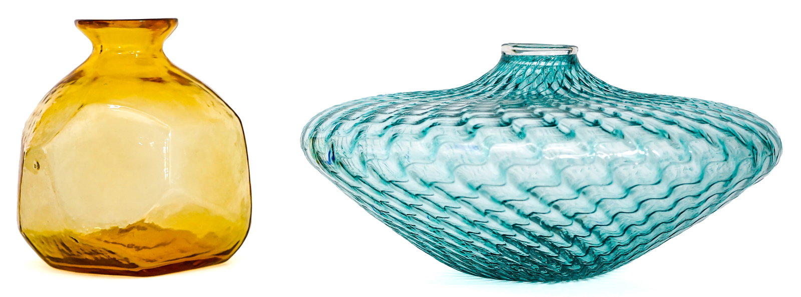 Hand Blown Art Glass (2) Vases [Blue, Amber] (1 of 4)