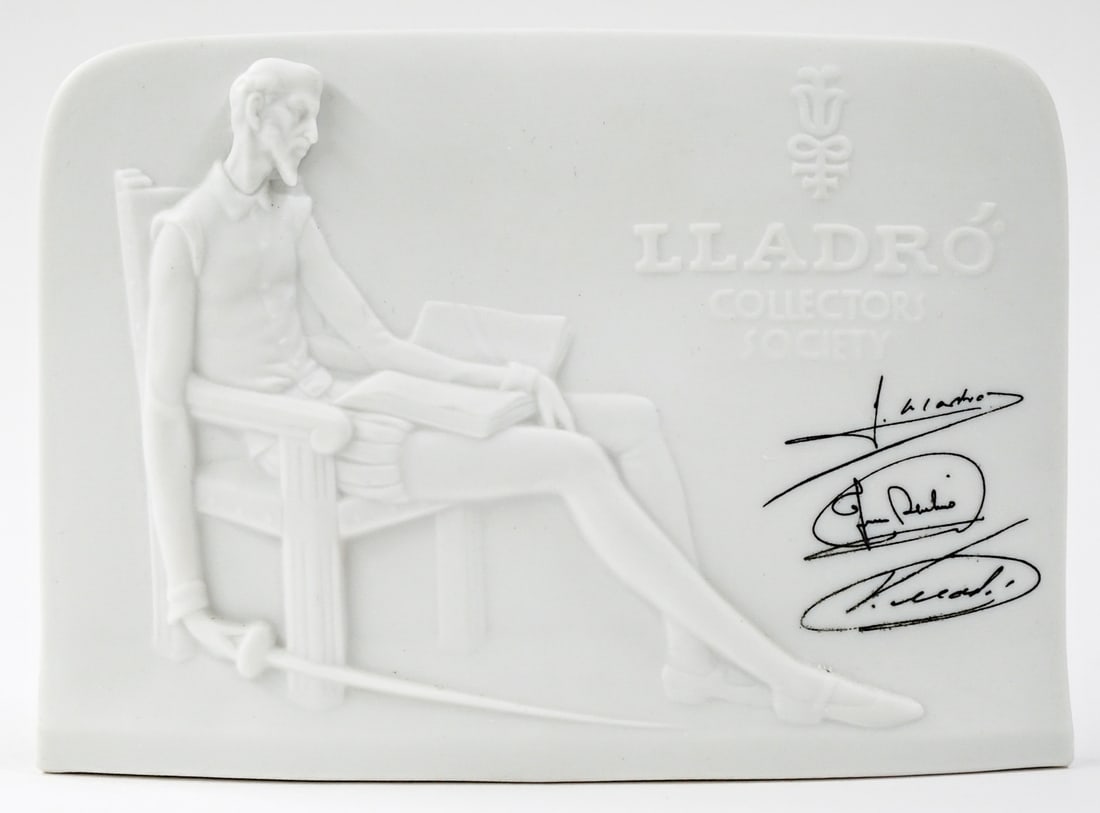 Lladro Don Quixote with Original Base Large (1977): 1.Lladro Don Quixote with Original Base Large (1977) 2. Lladro Collectors Society Plaque, 1985 Don Quixote Handmade in Spain. This Lladro Society Plaque features Don Quixote. Measures 15.5 x 18.25 x 9