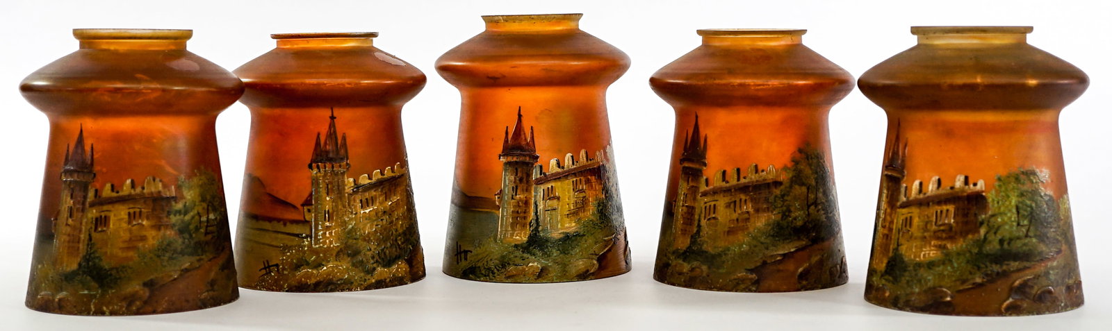 Artist Signed Lamp Shades (5) Hand Painted: Five (3) hand painted lamp shades. EACH measures 5.25 in. high x 4 in. across base x 2.25 in. across rim. Glue residue from sales sticker? No evident cracks, chips or repairs. Measures 5.25 x 4 x 20 i
