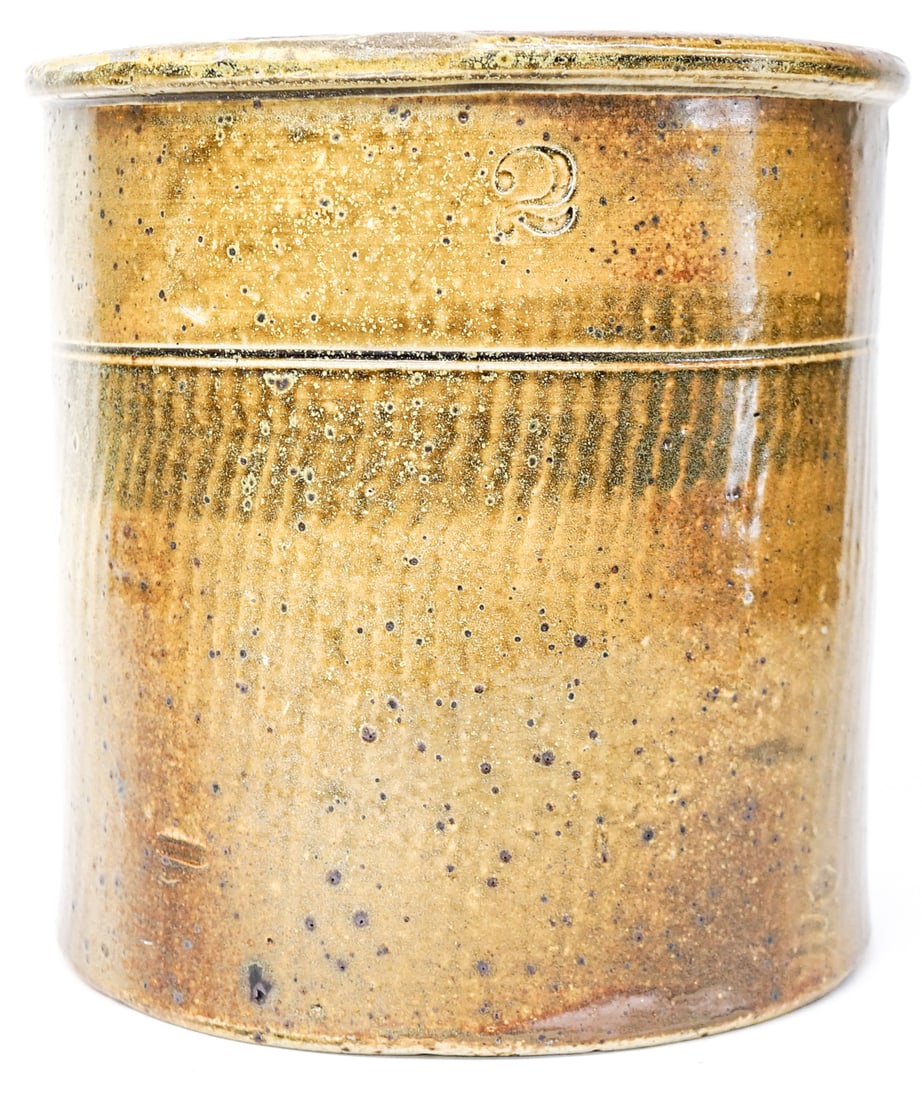 2 Gallon Greenish over Brown: 2 Gallon Greenish over Brown. There are inside rim chips. Measures 9.75 x 9.625 x 9.625 inches. The absence of a condition report does not imply that the lot is in perfect condition or completely free
