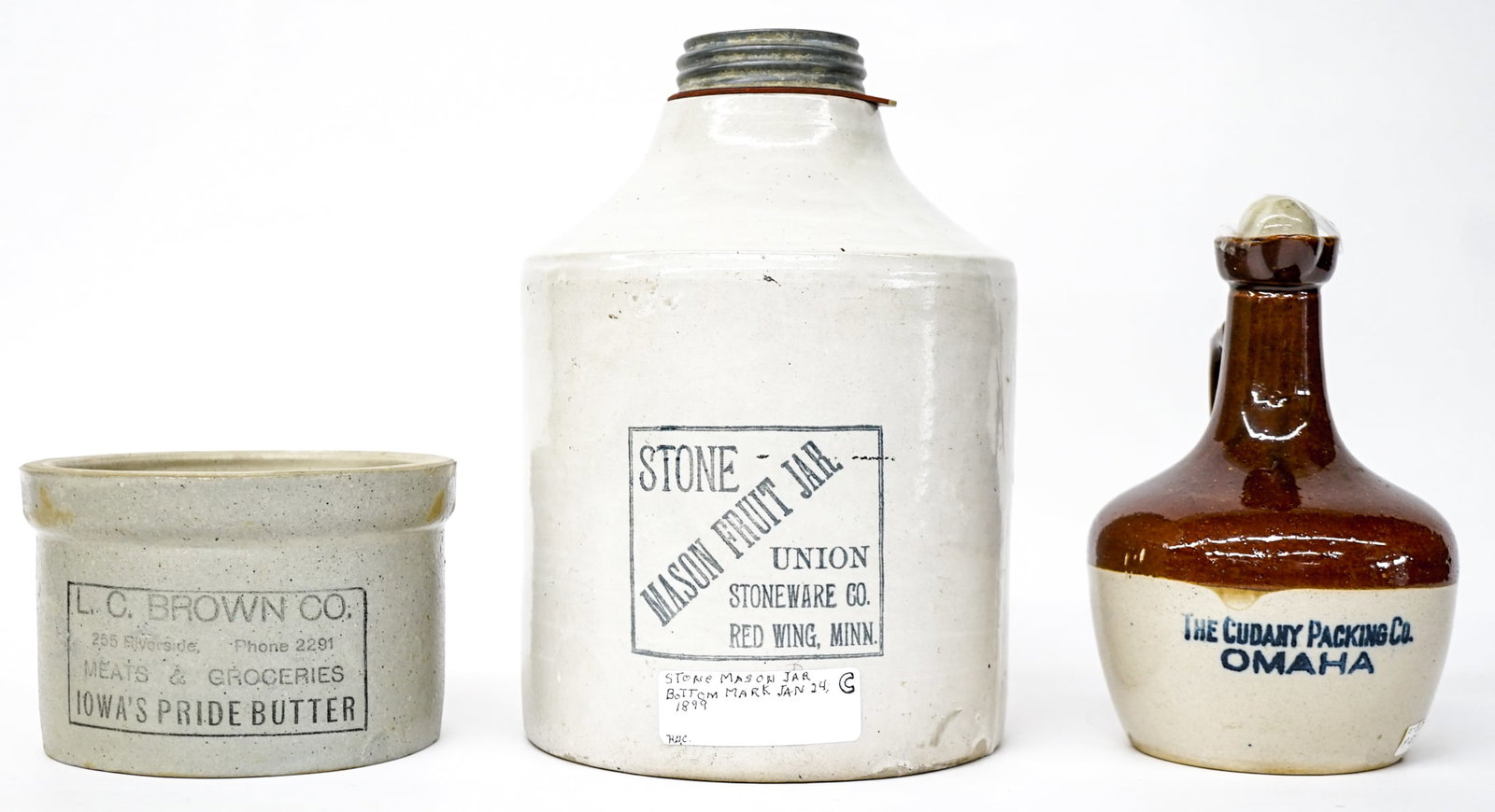 (3) Pcs Red Wing Advertising Stoneware: They measure 4.125-10.625 inches tall. No chips or cracks. For shipping purposes the lot measures 10.75 x 14 x 14 inches. The absence of a condition report does not imply that the lot is in perfect co