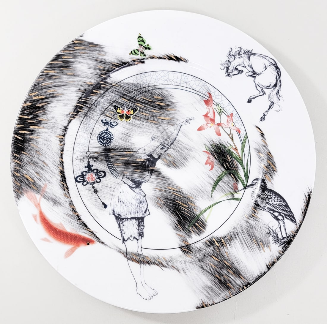 Robert Harrison Hand Painted SIGNED Plate: Robert Harrison is a practicing artist who lives and works in Helena, Montana, USA. Hand painted 13 in. plate of woman diving, koi fish, butterflies, bronco and nature. Signed and dated 2014 on verso.