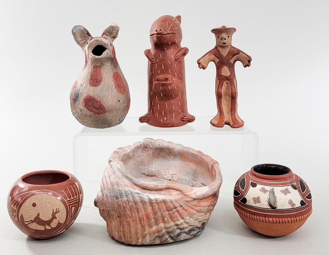 (6) Native American / Ethnic Pottery: 1) Animal measures 6.5 in. tall. Surface chip to ear. 2) Man measures 6 in. tall. 3) Shell bowl measures 4 in. tall and is marked Comanche Pottery, TX. 4) Polychrome animal measures 6.5 in. tall. 5)