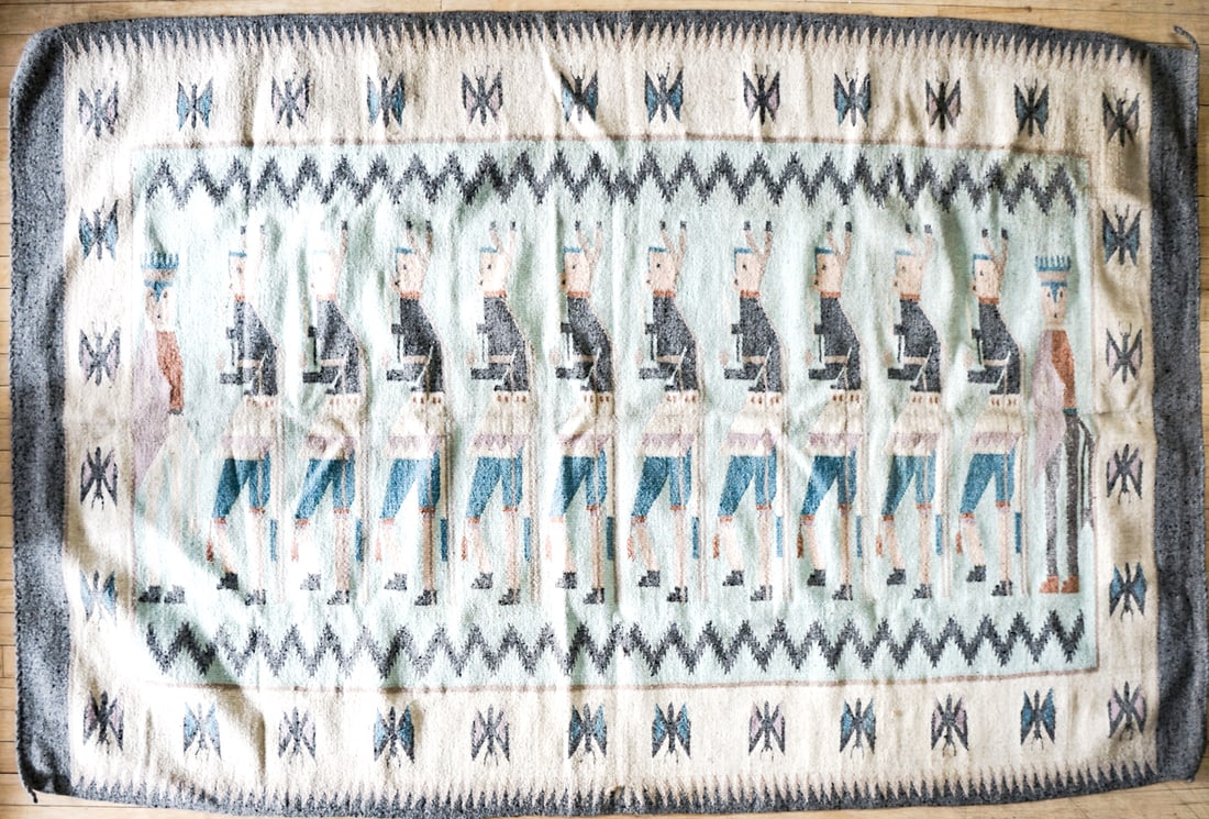 Large Vintage Navajo Rug: Measures 56 x 84 inches. From a non-smoking home and has no odors. For shipping purposes the lot measures 30 x 14 x 14 inches folded/rolled. inches. This woven rug or tapestry would benefit from a