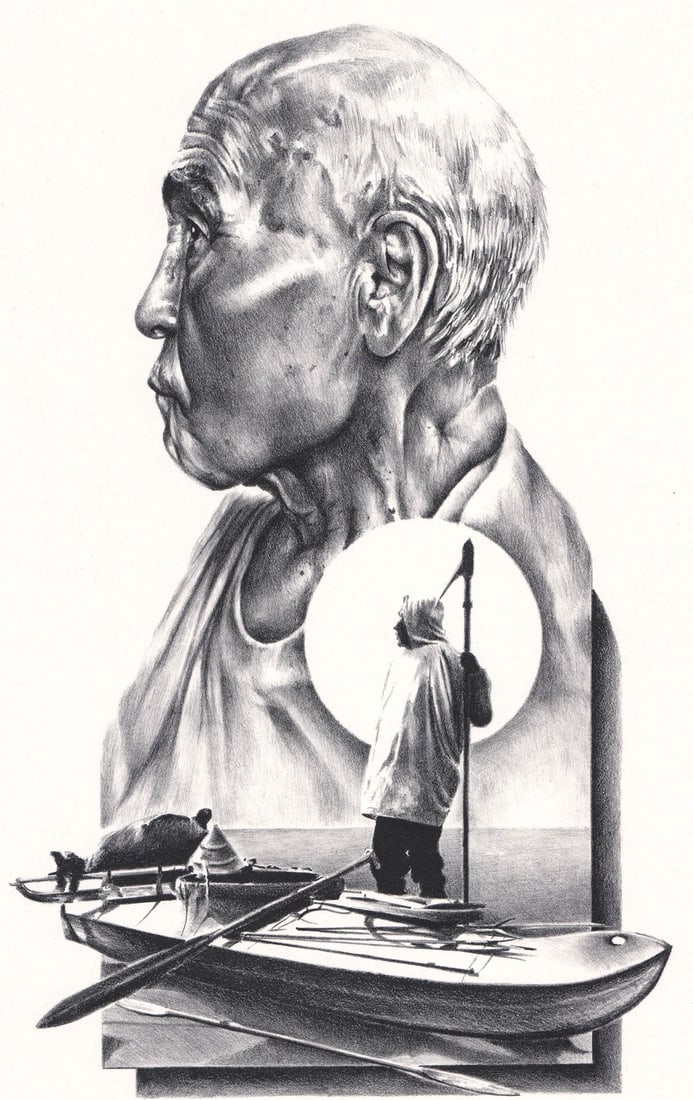 Bill C. Ray 'Moses' Memories' Printers Proof COA: Bill C. Ray (Alaska, b. 1951) 1982 lithograph depicting James (Kivetoruk) Moses in later years and as a young man. Pencil signed, titled 'Moses' Memories' and stated P/P below image. Sheet measures 24
