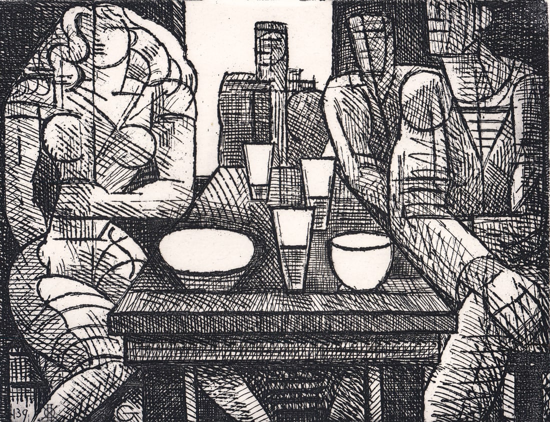 Marcel Gromaire Etching [Man, Woman Seated]: Marcel Gromaire (France, 1892-1971) etching plate signed. Image measures 7.75 in. x 10.125 in. Sheet measures 13 x 18.25 in. Lot measures 13 x 18.25 x .125 in. for shipping purposes only. Unframed, lo