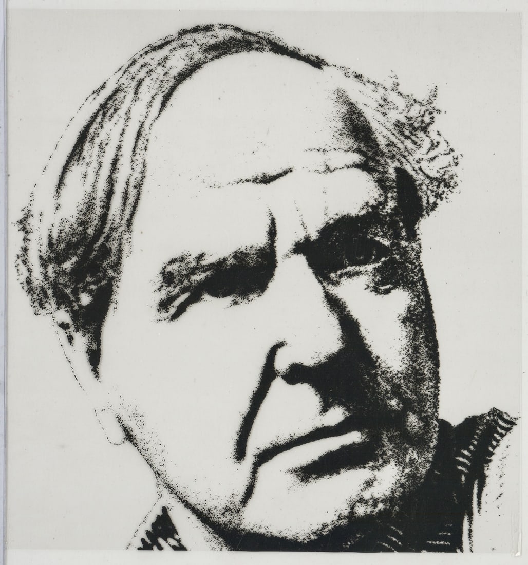 Henry Moore Self Portrait: Henry Moore (1898-1986) self portrait. Serigraph on acetate? Measures 9 x 8.5 in. Lot measures 14.5 x 10.25 x .125 in. for shipping purposes only. Unframed, loose and not mounted or glued down. The ab